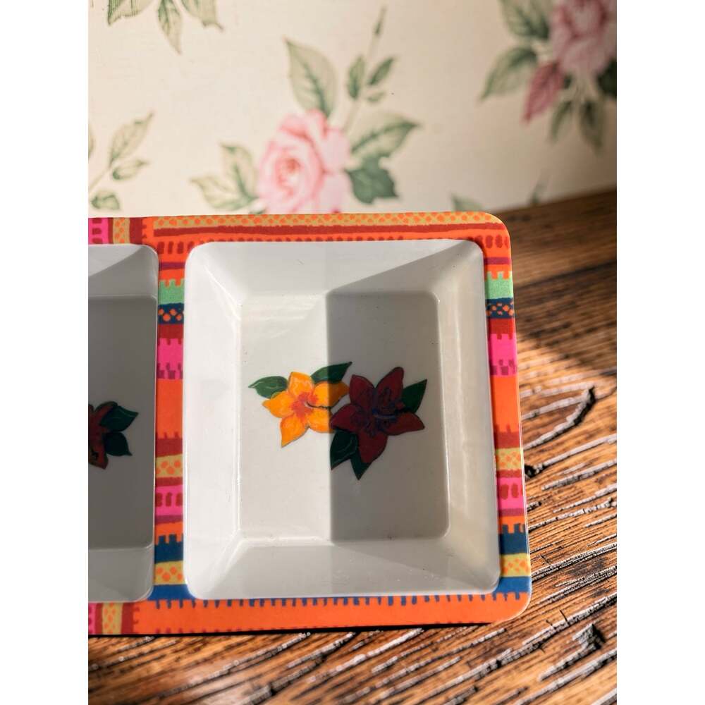 Evergreen Set 2 Triple Section Serving Trays Floral Fiesta Dip Appetizer Dishes - Picture 7 of 8